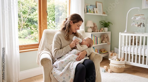 Mother feeding baby with bottle in nursery. Caring mom nursing newborn in rocking chair.