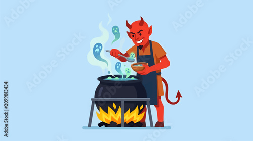 Картината върху платно Flat Illustration of a Red Devil Chef Wearing an Apron, Spooning Spectral Souls