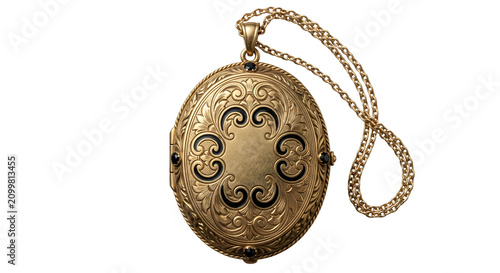 Konstfotografi Ornate gold oval locket with black details