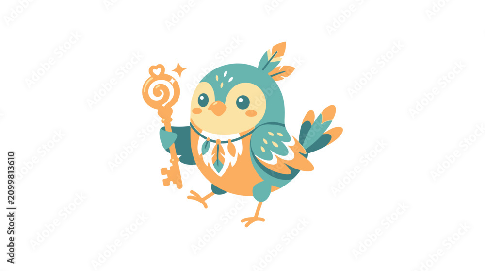 Obraz premium Cute Cartoon Bird Holding Magical Key with Sparkles