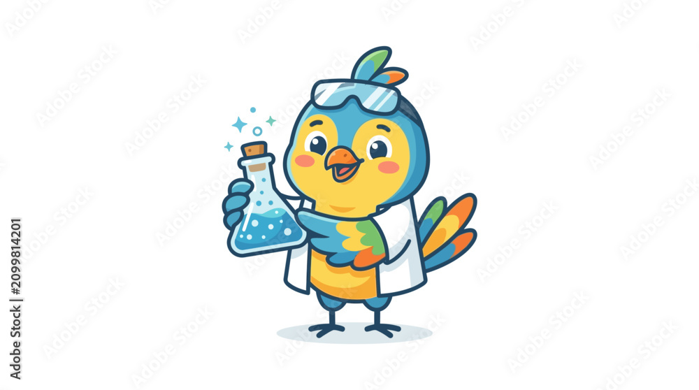 Fototapeta premium Cute Cartoon Bird Scientist Holding Flask with Bubbles - Science, Education