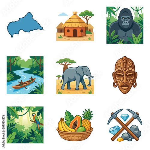 Flat vector icon set for Central African Republic featuring map silhouette, traditional village huts, gorillas, river pirogue, elephants, tribal masks, tropical fruits, and diamond mining.