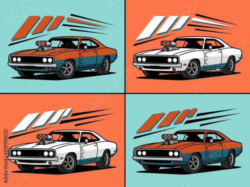 Konstfotografi Muscle Car Pop Art Grid, Vintage Racing Vector Illustration