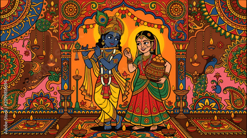 Canvastavla Radha and Krishna Celebrating Festival with Flute and Offerings, Ornate Indian D
