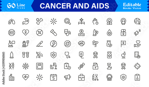 Cancer and AIDS Awareness Icons line icon set, professional modern minimal editable pixel perfect outline symbols for medical charity prevention support design