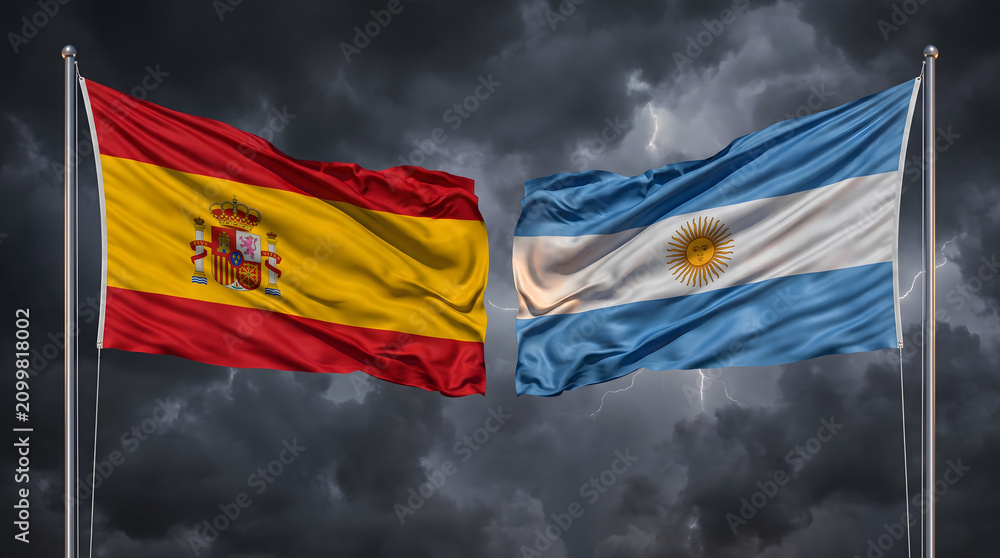 Obraz premium Spain and Argentina national flags waving on metal poles against dramatic dark storm clouds with lightning