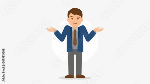 Bild auf Leinwand Flat Design Businessman Shrugging Shoulders in Blue Jacket and Brown Tie, Expres