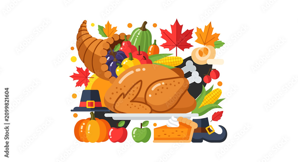 Naklejka premium A roasted turkey with vegetables and cornucopia on a platter indoors