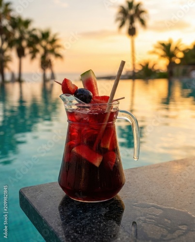 Fruchtige Sangria am tropischen Pool bei Sonnenuntergang