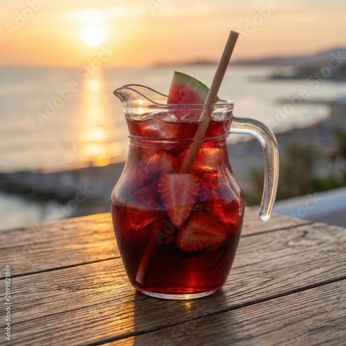 Kalte Sangria mit Erdbeeren und Wassermelone bei Sonnenuntergang am Meer