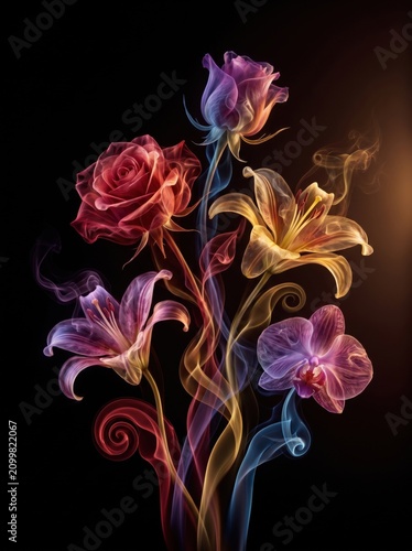 Farbenfrohe Rosen, Lilien und Orchidee aus leuchtendem Rauch