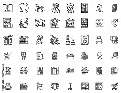 Senior Care Line Icons Set. Elderly Healthcare, Nursing Home, Medical Equipment, Accessibility Outline Vector Collection