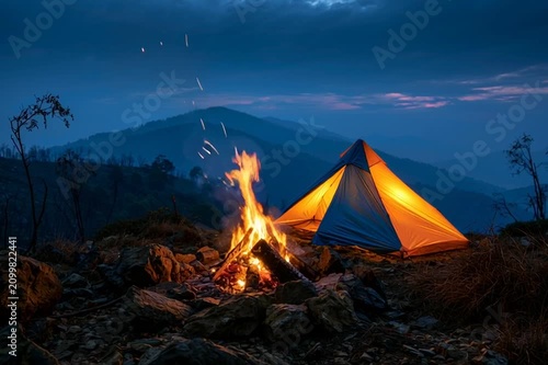 Cozy camping tent beside a glowing campfire beneath a peaceful night sky, perfect for outdoor adventure, travel, survival and wilderness lifestyle themes.