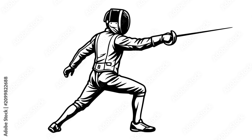 Obraz premium Fencer in action, black and white illustration, sport concept