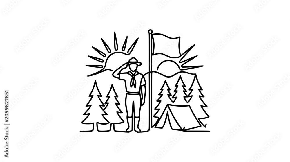 Obraz premium Scout Saluting Flag Beside Tent and Trees at Sunrise