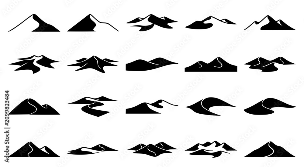 Fototapeta premium Collection of modern mountain range silhouettes with winding roads and paths