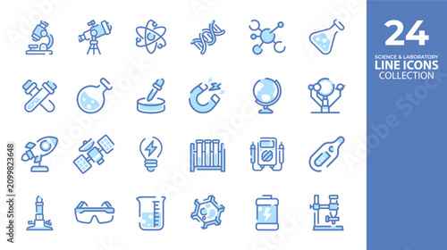 24 Science Education Line Icons Set - STEM School Laboratory Outline Icon Collection, Chemistry, Physics, Biology, Astronomy Vector
