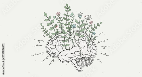 A brain with flowers and leaves growing out of it, illustrating a mental health concept.
