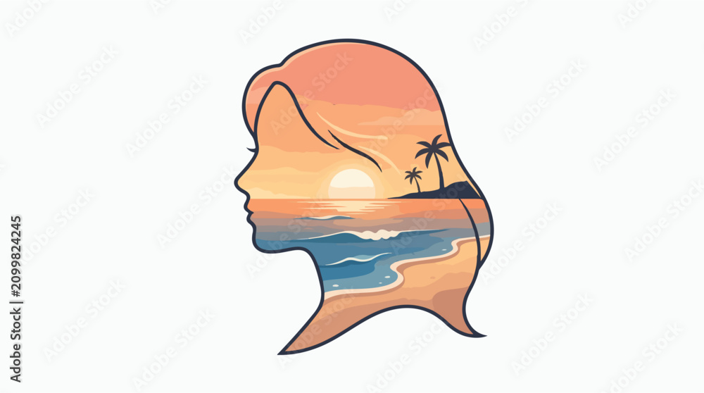 Fototapeta premium Double exposure woman silhouette vector, tropical beach sunset landscape inside female profile, summer vacation and travel concept illustration