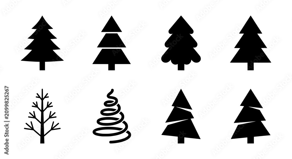 Obraz premium Christmas Tree Icons Set, Festive Evergreen Vector Graphics, Winter Holiday Symbols, Seasonal Decoration Elements