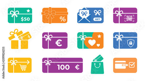 Collection of Colorful Gift Card, Shopping Voucher and Discount Coupon Icons