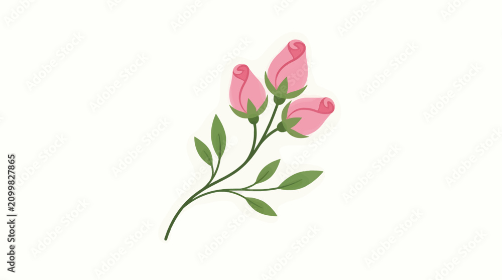 Fototapeta premium Vector illustration of three delicate pink rose buds on a green stem with leaves, isolated on a light cream background, flat design style, elegant floral graphic