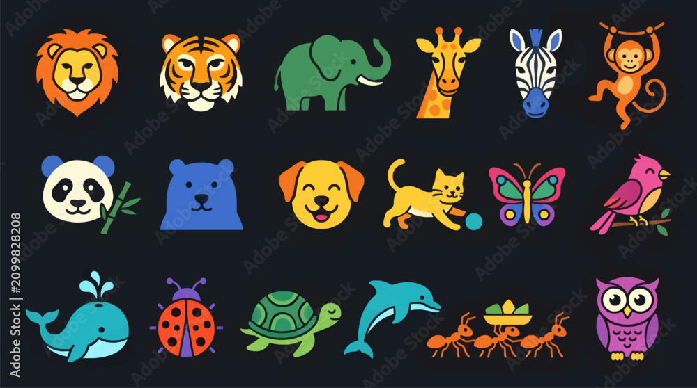 Obraz premium Flat Vector Icons of Various Animals and Insects, Including Lion, Tiger, Elephant, Giraffe, Zebra, Monkey, Panda, Bear, Dog, Cat, Butterfly, Bird, Whale, Ladybug, Turtle, Dolphin, Ants, and Owl on