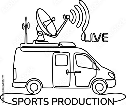 Continuous one line drawing of a live sports production broadcast van.