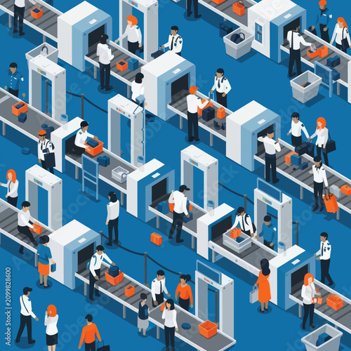 Airport Security Checkpoint with Passengers and Luggage Screening.