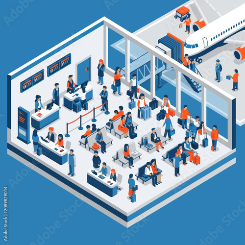 Isometric Airport Terminal Interior with Travelers and Staff.