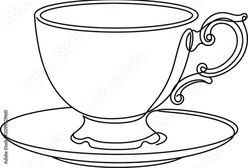 Continuous single line drawing of an elegant vintage teacup and saucer.