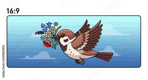 Cute sparrow in flight with colorful flowers bouquet in beak, blue sky background