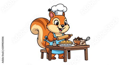 Cute Squirrel Baker Making Pie with Rolling Pin, Chef Hat and Apron