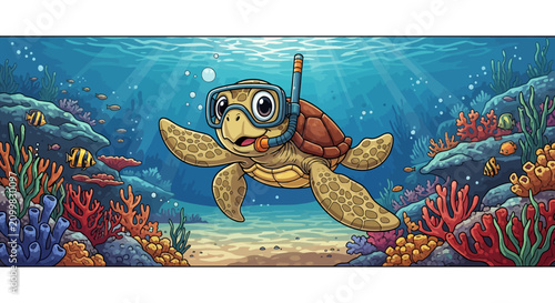 Cute Sea Turtle Snorkeling Underwater Coral Reef Adventure