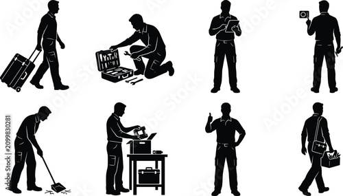 Collection of technician silhouettes performing various field service and maintenance tasks