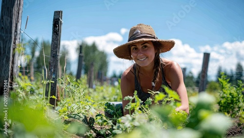 Woman Working in Sunny Vegetable Garden