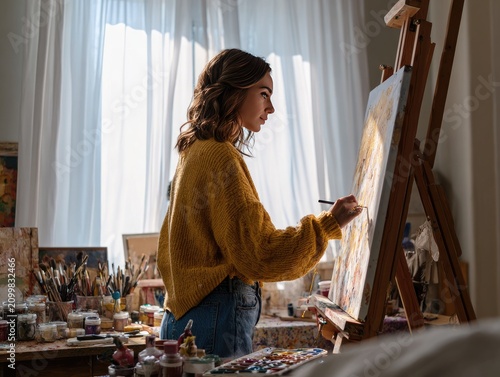 Woman Painting Canvas in a Sunlit Art Studio