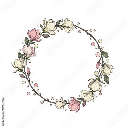 Hand drawn magnolia floral wreath on white background.