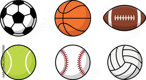 Set of various sports balls including soccer basketball football tennis baseball and volleyball in flat vector illustration