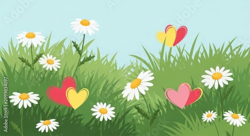 Lush green meadow with daisies and floating hearts.