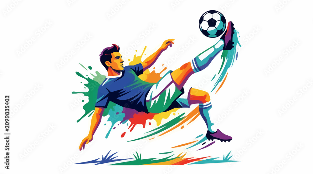 Obraz premium Dynamic Flat Vector Illustration of a Soccer Player Kicking a Ball with Colorful Paint Splashes and Motion Trails, Dynamic Sports Action