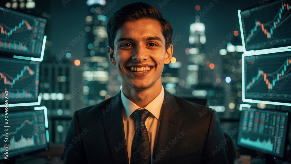 Fototapeta premium Smiling businessman in suit against city skyline and trading charts, ideal for finance, business and technology