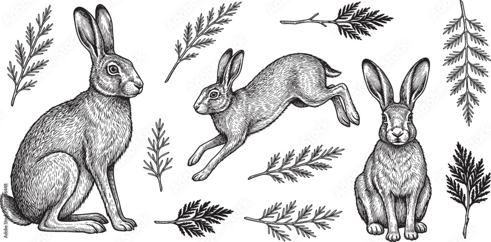 Obraz premium Vintage Hand Drawn Rabbit and Hare Vector Clip Art Set with Pine Branches for Woodland Animal Engraving Logos and Forest Wildlife Illustration Designs