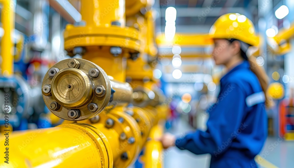 Fototapeta premium Industrial brass valve on yellow pipe in modern factory