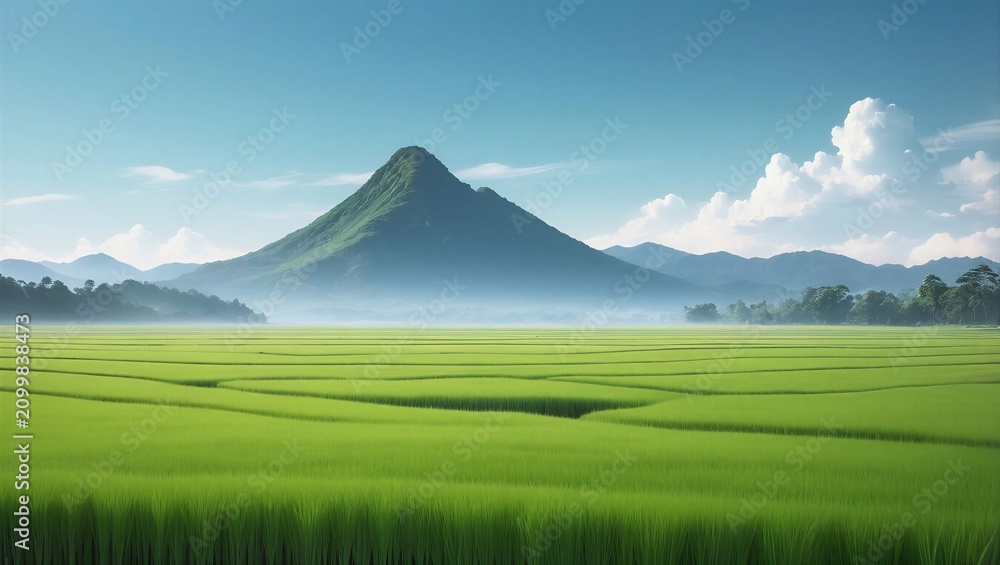Fototapeta premium Serene green rice field and mountain scenery with massive negative space for clean OS background