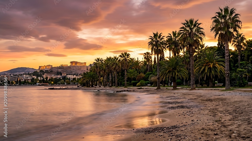 Fototapeta premium Athens Acropolis sunset over palm tree lined beach and calm sea, Greece