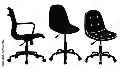 Bild auf Leinwand Office chair silhouette collection featuring ergonomic rolling chairs with different backrests isolated on transparent background for design