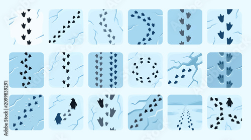 Foto Playful Penguin Waddle Tracks on Ice Vector Icon Sheet, Set of Flat Design Footp