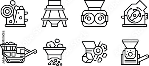 Cuadro en lienzo Minimalist Rock Crusher and Mining Machinery Line Icon Set with Heavy Equipment