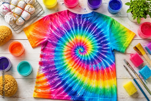 A tie-dye shirt with bright colors is placed on a wooden table. Around it are jars of paint, sponges, and brushes used for crafting. The setting is lively and creative.